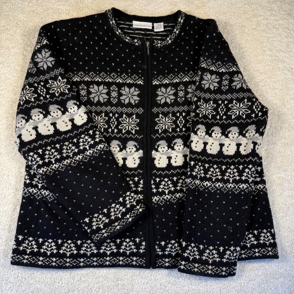 Y2K Croft & Barrow Black Snowman Snowflake Knit Full Zip Cardigan Sweater Size L